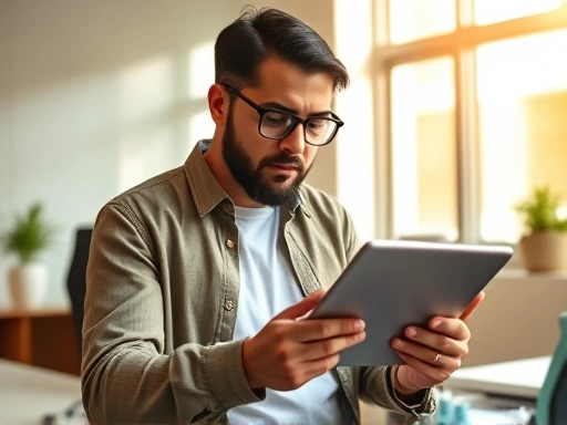 깔끔한 사무실 배경에 블로거가 태블릿을 보며 계약서 검토 중인 모습