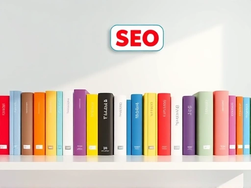 잘 정돈된 도서관 서가처럼 깔끔하게 분류된 다양한 색상의 책들이 보이며, 책장 위로 사용자 경험(UX)과 검색 엔진 최적화(SEO)를 상징하는 아이콘들이 부유하는 모습