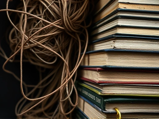 복잡하게 얽힌 실타래나 무작위로 쌓여있는 책더미가 강조된 클로즈업 이미지