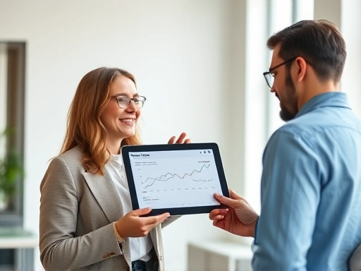 두 명의 사람이 밝고 현대적인 컨설팅 공간에서 대화하고 있으며, 한 명은 다른 한 명에게 태블릿 화면을 보여주고 있다.
