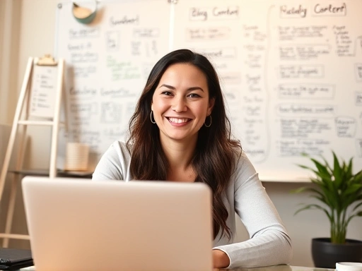 전문 블로그 컨설턴트가 노트북 앞에서 미소 짓고 있으며, 뒤에는 블로그 콘텐츠 아이디어가 빼곡한 화이트보드가 보이는 장면