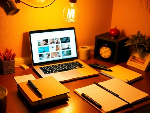 창의적인 아이디어가 떠오르는 듯한 전구 불빛이 빛나는 책상 위, 다양한 노트와 펜이 놓여 있고, 노트북 화면에는 블로그 관련 이미지