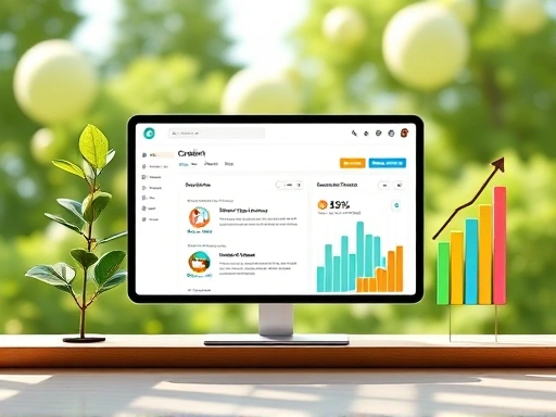 블로그 대시보드 화면이 중앙에 보이고, 왼편에는 초록색 식물이 놓여져 에버그린 콘텐츠를 상징하고, 오른편에는 활기찬 그래프가 트렌드 콘텐츠의 역동성을 나타내는 모습