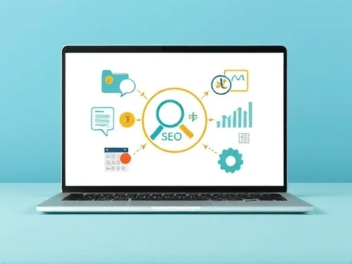 다채로운 블로그 콘텐츠 요소를 상징하는 그래픽이 통합된 노트북 화면이 보입니다.