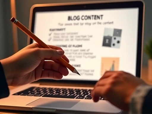 손으로 연필을 들고 노트북 화면을 가리키는 클로즈업 사진이 있습니다.