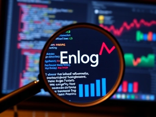 돋보기가 컴퓨터 화면 속 블로그 콘텐츠를 확대하여 보여주는 클로즈업 샷.