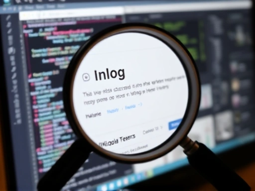 돋보기가 컴퓨터 화면 속 블로그 콘텐츠를 확대하여 보여주는 클로즈업 샷.