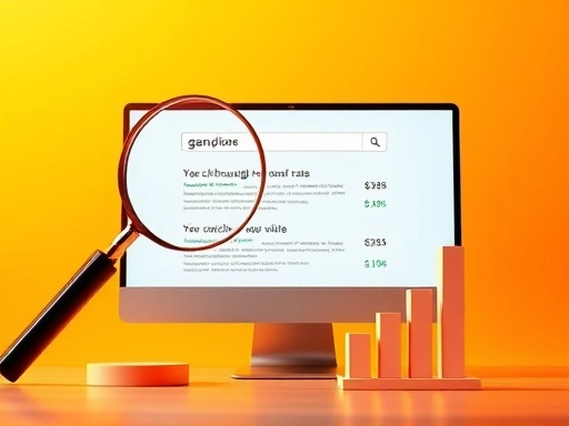 밝고 역동적인 배경에서 돋보기와 그래프, 컴퓨터 화면이 조화롭게 배치된 이미지