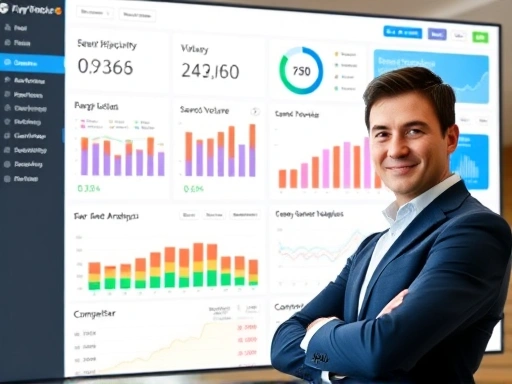 A vibrant digital dashboard displaying various SEO metrics like keyword difficulty, search volume, and competitor analysis, with a confident person in the foreground pointing towards a data visualizat...