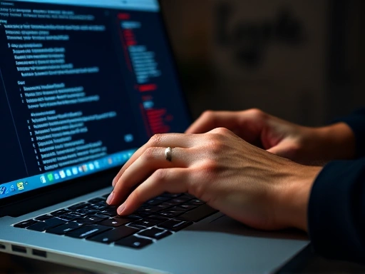 A close-up shot of hands typing on a laptop, with a focus on a specific SEO tool interface showing a detailed SERP analysis.