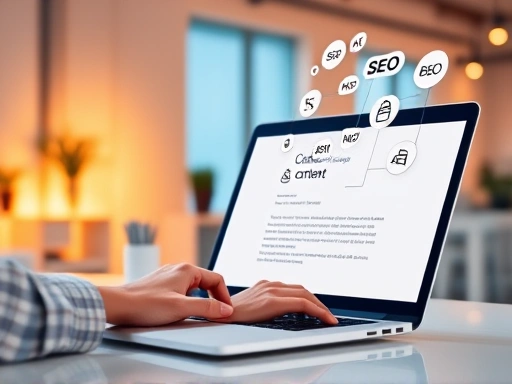 깔끔하고 현대적인 사무실 배경에서 한 사람이 노트북을 보며 블로그 글을 작성하고 있다.