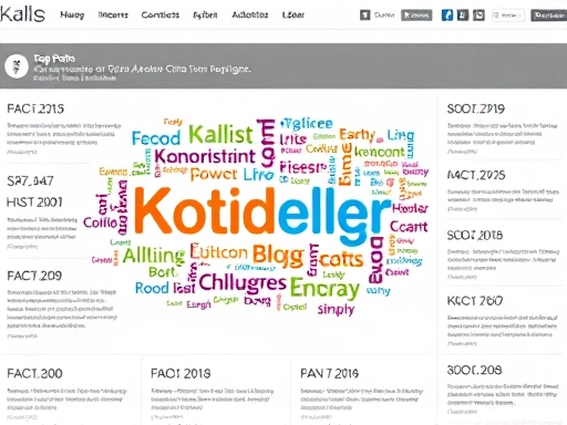 다채로운 색상과 크기의 글씨로 이루어진 태그 클라우드가 화면 중앙에 크게 표시되어 있으며, 주변에는 블로그 글의 제목들이 가지런히 배열되어 있다.