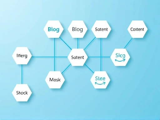 블로그 콘텐츠를 나타내는 다양한 태그들이 육각형 모양의 아이콘과 함께 정렬되어 있으며, 각 태그는 해당 콘텐츠로 연결되는 파란색 링크 선으로 이어져 있다.