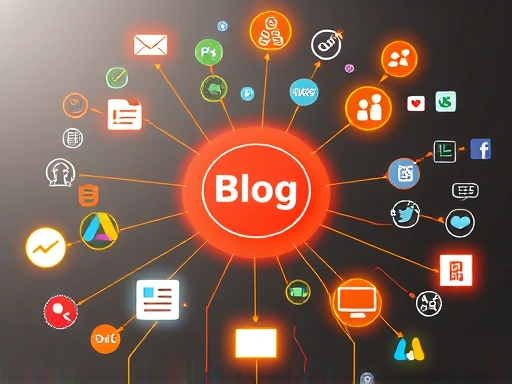 다양한 블로그 트래픽 소스를 나타내는 아이콘들이 중앙의 블로그 로고를 향해 모여드는 모습