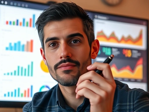 다양한 그래프와 데이터 시각화 도구가 보이는 컴퓨터 화면을 배경으로, 한 손에 펜을 들고 분석적인 표정을 짓는 블로거의 클로즈업.