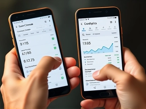 두 개의 스마트폰 화면에 각각 구글 서치 콘솔과 구글 애널리틱스 4의 대시보드가 열려 있는 모습