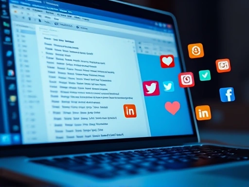 블로그 키워드를 분석하는 노트북 화면과 함께 여러 개의 SNS 아이콘이 화면에 떠오르는 클로즈업 샷.