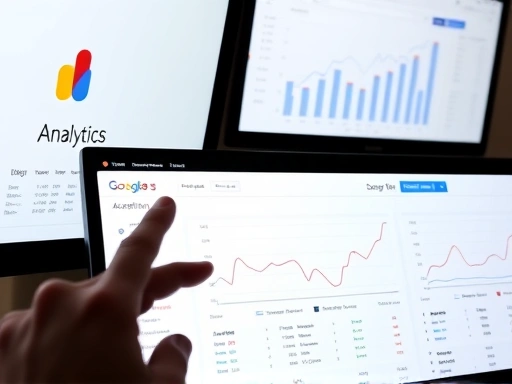 여러 개의 디지털 화면이 블로그 분석 데이터를 보여주는 클로즈업 샷.