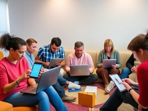 다양한 연령과 성별의 사람들이 노트북, 태블릿, 스마트폰 등 다양한 기기를 통해 블로그 콘텐츠를 소비하는 모습