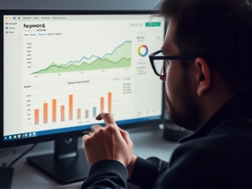 콘텐츠 기획자가 컴퓨터 모니터를 응시하며 키워드 분석 도구(예: 구글 트렌드, 네이버 데이터랩)의 차트와 그래프를 면밀히 살펴보는 모습