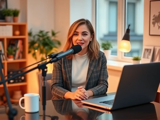 아늑하고 현대적인 서재 공간에 앉아 마이크 앞에 앉아 편안하고 자신감 있는 표정으로 이야기하는 블로거의 모습