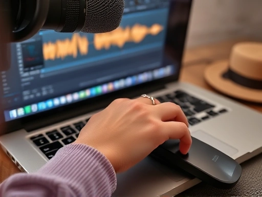 정면에서 클로즈업된 마이크와 헤드폰을 착용한 블로거의 손이 오디오 편집 소프트웨어가 열린 노트북 키보드 위에 놓여 있는 모습