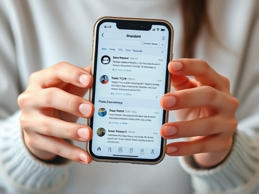 두 손으로 스마트폰을 들고 있는 블로거의 모습