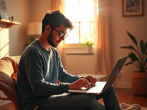 아늑하고 밝은 공간에서 노트북을 앞에 두고 몰입하여 글을 쓰는 사람의 모습