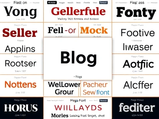 깔끔하고 현대적인 서체로 디자인된 블로그 화면이 중앙에 배치되어 있으며, 주변에는 다양한 폰트 샘플들이 그리드 형태로 배열되어 있다.