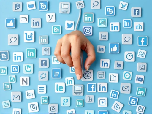 다양한 블로그 플랫폼 아이콘들이 흩뿌려진 배경 위에 한 손이 조심스럽게 마우스를 클릭하는 모습