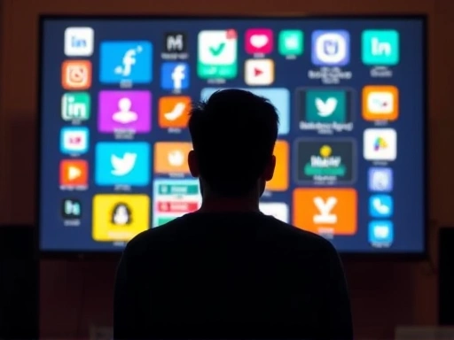 다채로운 블로그 플랫폼 아이콘들이 빛나는 디지털 화면을 배경으로, 고민하는 듯한 초보 블로거의 실루엣이 보인다.