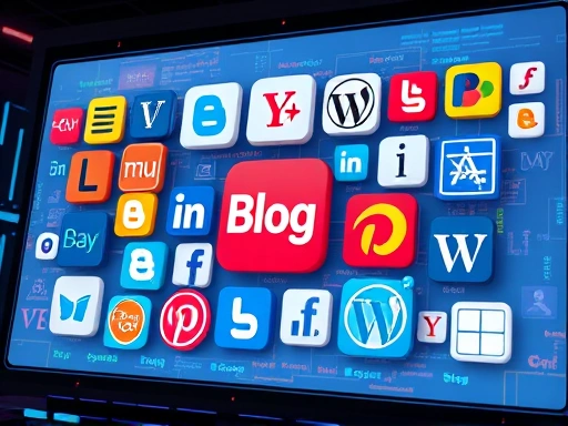 다양한 블로그 플랫폼 아이콘이 하나의 화면에 모여있고, 각 아이콘 위로 디자인 도구, 코드, 기능 확장 등 커스터마이징을 상징하는 요소들이 겹쳐진 모습