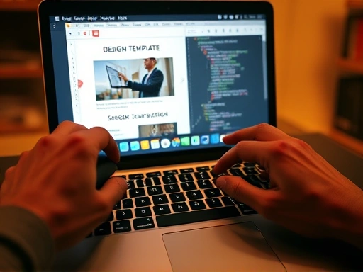 두 개의 손이 노트북 키보드와 마우스 위에 놓여 있고, 화면에는 블로그 편집 화면이 보인다.