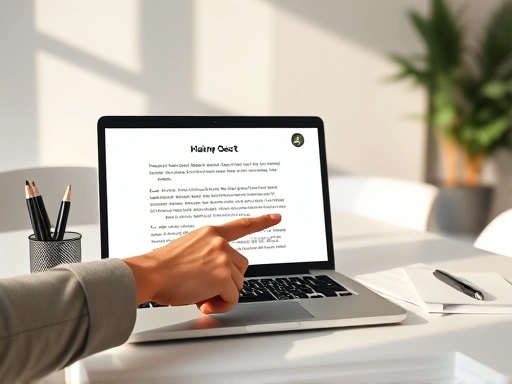 깔끔하게 정리된 책상 위에서 블로그 콘텐츠 구조를 구상하는 손이 노트북 화면을 가리키고 있다.