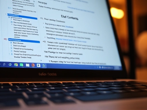 근접 촬영된 노트북 키보드와 화면에 블로그 글의 목차가 계층적으로 표시된 모습