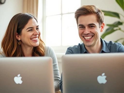 두 명의 블로거가 노트북 앞에 앉아 밝게 웃으며 서로의 아이디어를 공유하는 클로즈업 장면
