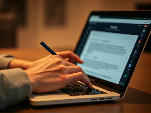 따뜻한 조명 아래 노트북 앞에서 블로그 글을 작성하는 사람의 손 클로즈업.