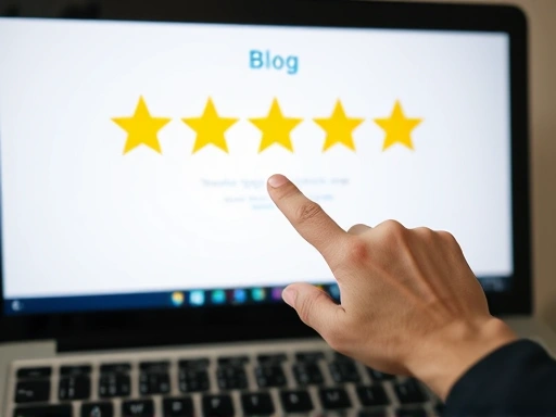 블로그 화면에 표시된 별점과 댓글 아이콘, 손으로 클릭하는 모습