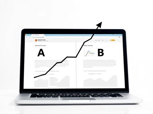 두 개의 다른 버전의 웹페이지(A와 B)가 나란히 노트북 화면에 떠 있고, 그 위에 성장하는 그래프 아이콘이 오버레이된 클로즈업 샷.