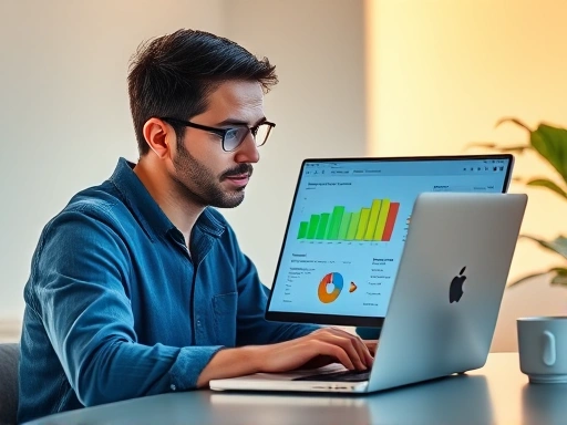 깔끔한 작업 공간에서 노트북 화면을 응시하며 차분하게 A/B 테스트 결과를 분석하는 블로거의 모습