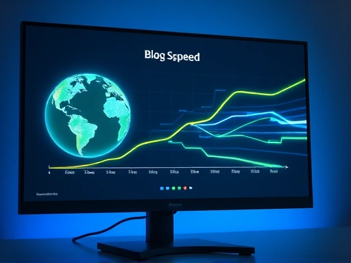 다채로운 정보 시각화가 돋보이는 모니터 화면에 블로그 로딩 속도 그래프가 급상승하는 모습