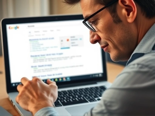 한 사람이 노트북 앞에서 진지하게 검색 결과 분석 툴을 들여다보고 있는 클로즈업 사진.
