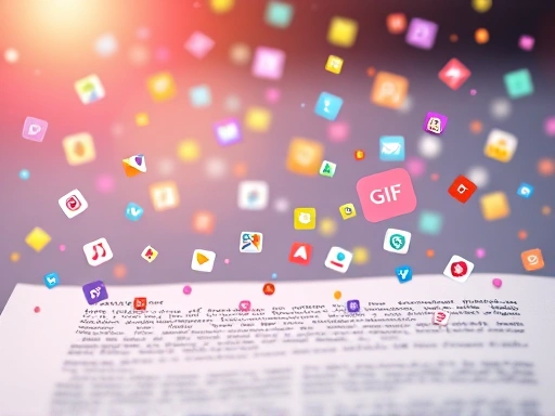 다양한 크기와 모양의 GIF 아이콘들이 블로그 글 위로 흩뿌려지며 콘텐츠에 생동감을 불어넣는 모습