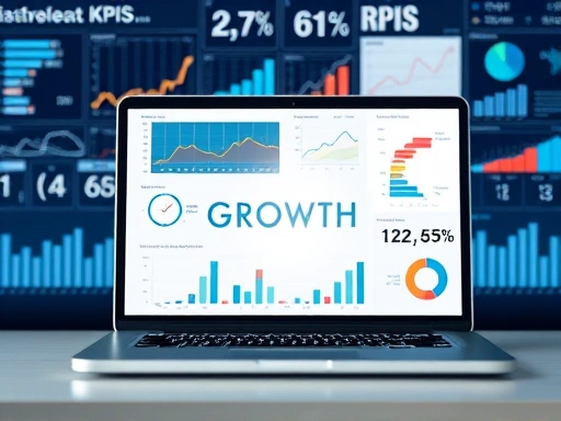 다양한 차트와 그래프가 가득한 데이터 분석 대시보드를 배경으로, 노트북 화면에 블로그 성과 지표(KPI)가 선명하게 표시되어 있다.