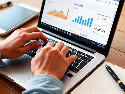 두 손이 노트북 키보드 위에 놓여 있고, 한 손은 마우스를 잡고 블로그 분석 페이지를 탐색하고 있다.