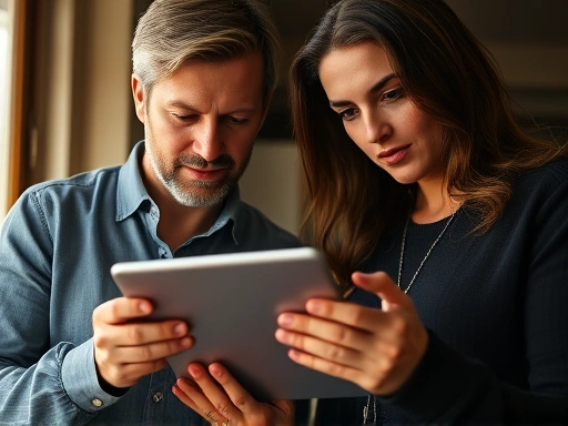 두 명의 마케터가 태블릿 PC를 보며 블로그 ROI 보고서에 대해 토론하는 클로즈업 장면