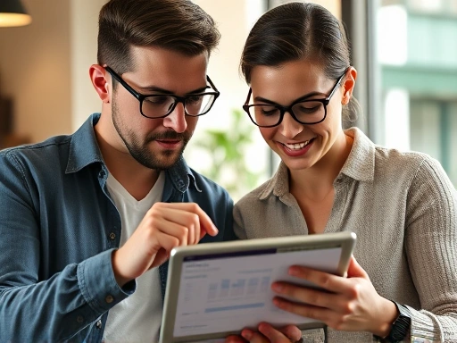 두 명의 마케터가 태블릿 PC를 보며 블로그 ROI 보고서에 대해 토론하는 클로즈업 장면
