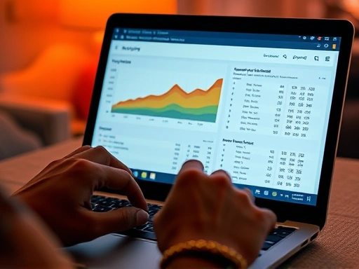 두 개의 손이 노트북 키보드 위에 놓여 있고, 화면에는 구글 트렌드나 키워드 플래너와 유사한 키워드 데이터 분석 그래프와 표가 클로즈업되어 있습니다.