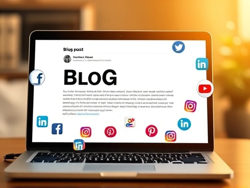 노트북 화면에 떠 있는 블로그 글과 그 옆에 깔끔하게 정렬된 다양한 SNS 공유 버튼 아이콘들이 보이는 모습