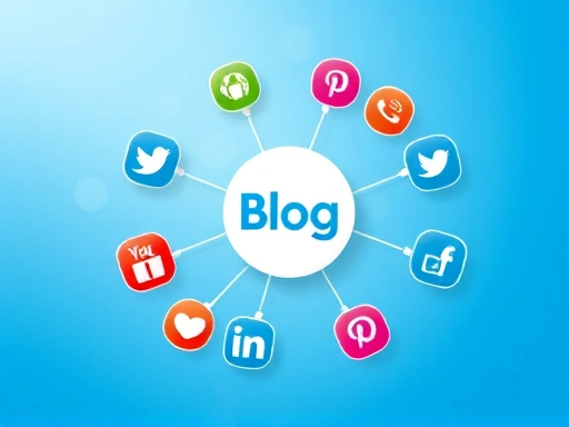 다채로운 소셜 미디어 아이콘들이 블로그 아이콘 주위에 연결된 모습